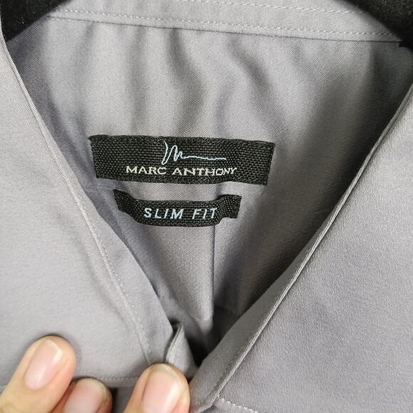 MARC ANTHONY Mens Solid Gray Long Sleeve Dress Shirt Stretch Slim Fit 16.5/32-33 - Picture 5 of 8